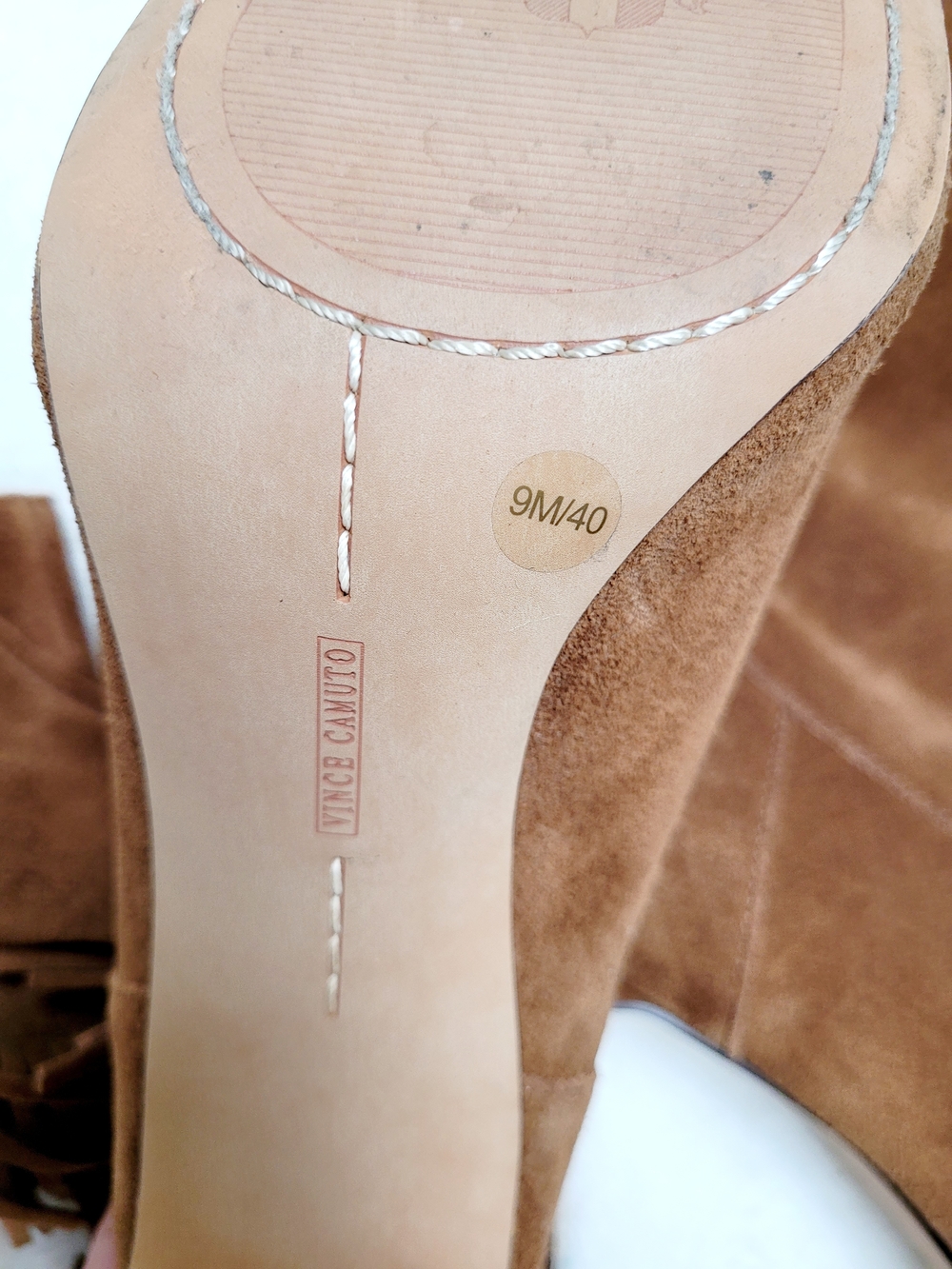 NWOT Vince Camuto Sterla Tan Suede Fringe Mid-Calf Heeled Boots - Picture 2 of 5